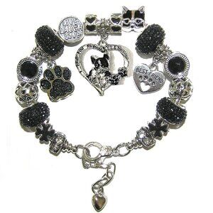 Boston Terrier Bracelet, Best Friend With Sparkly Black European Beads & Charms